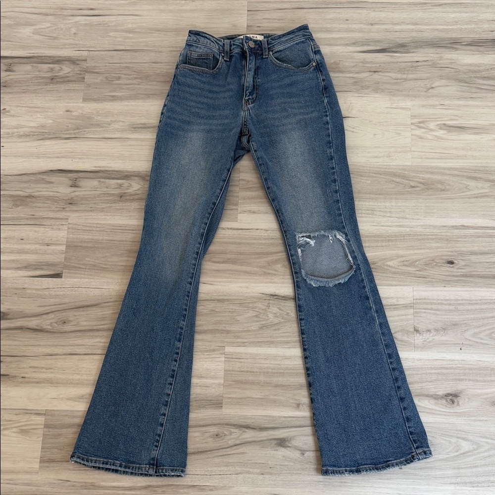 DOGMa Women’s High Waist Blue Flare Jeans with Distressed Detail size 1